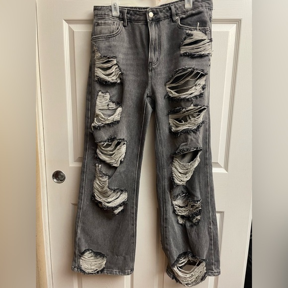 Fashion Nova Charcoal Ripped Wide Leg Jeans Baggy - Picture 1 of 4
